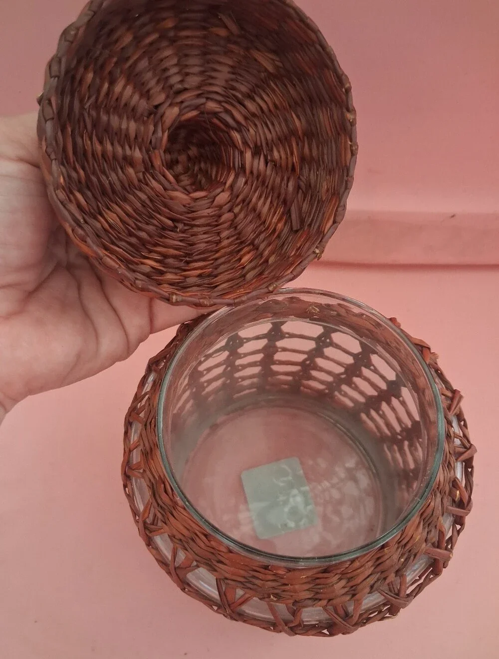 Woven Rattan Glass Jar with Lid - Brown NWT